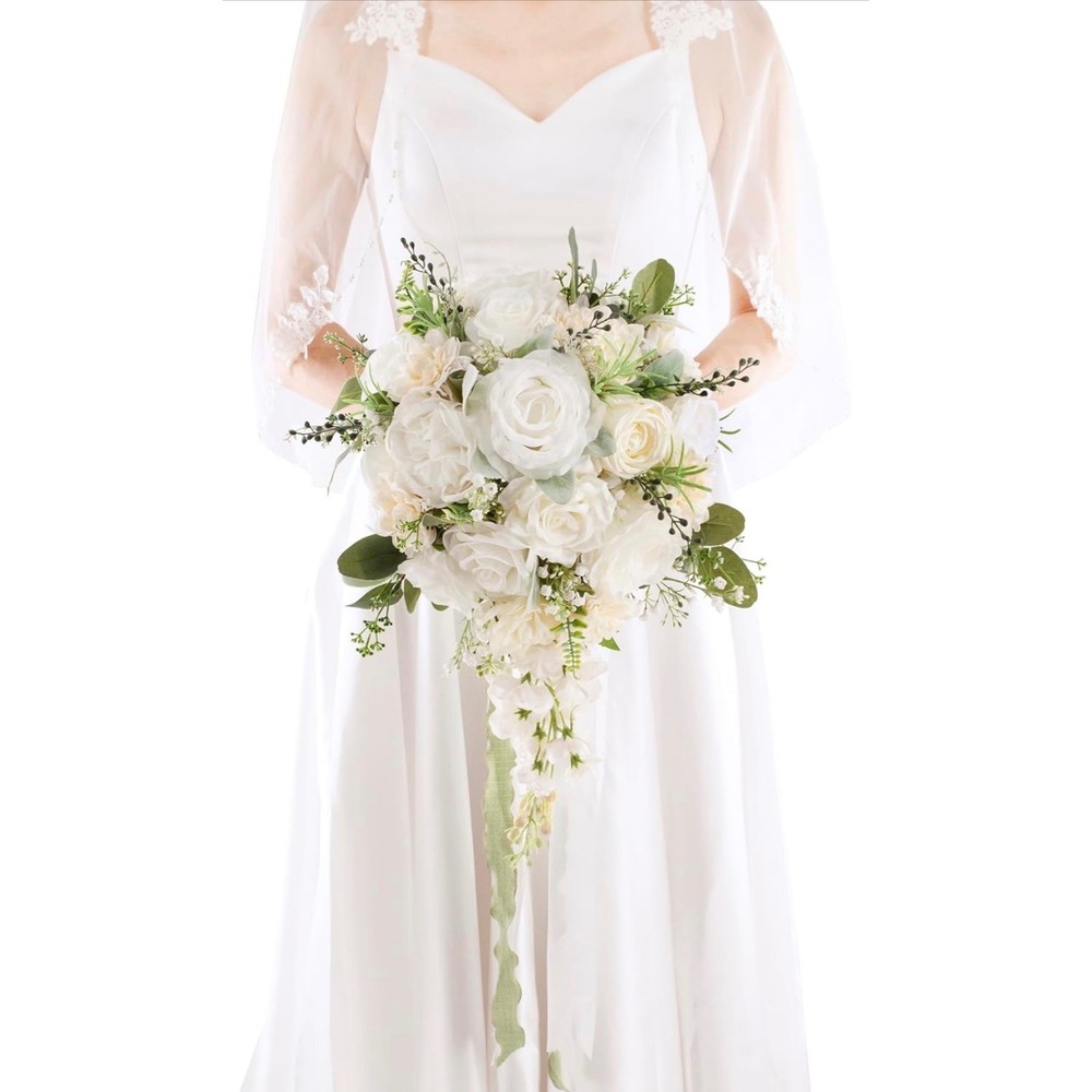 Floinla 12in Cascade Wedding Bouquet Bride White Silk Flowers Greenery Open Box